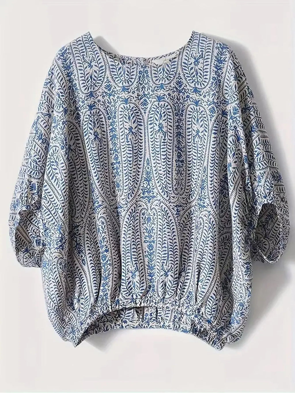 Women's Blouse Blue Bohemian Print Round Neck Loose Batwing Sleeve Top 223cf44fbea04149a58933e42643889c-Max-Origin Trendsi