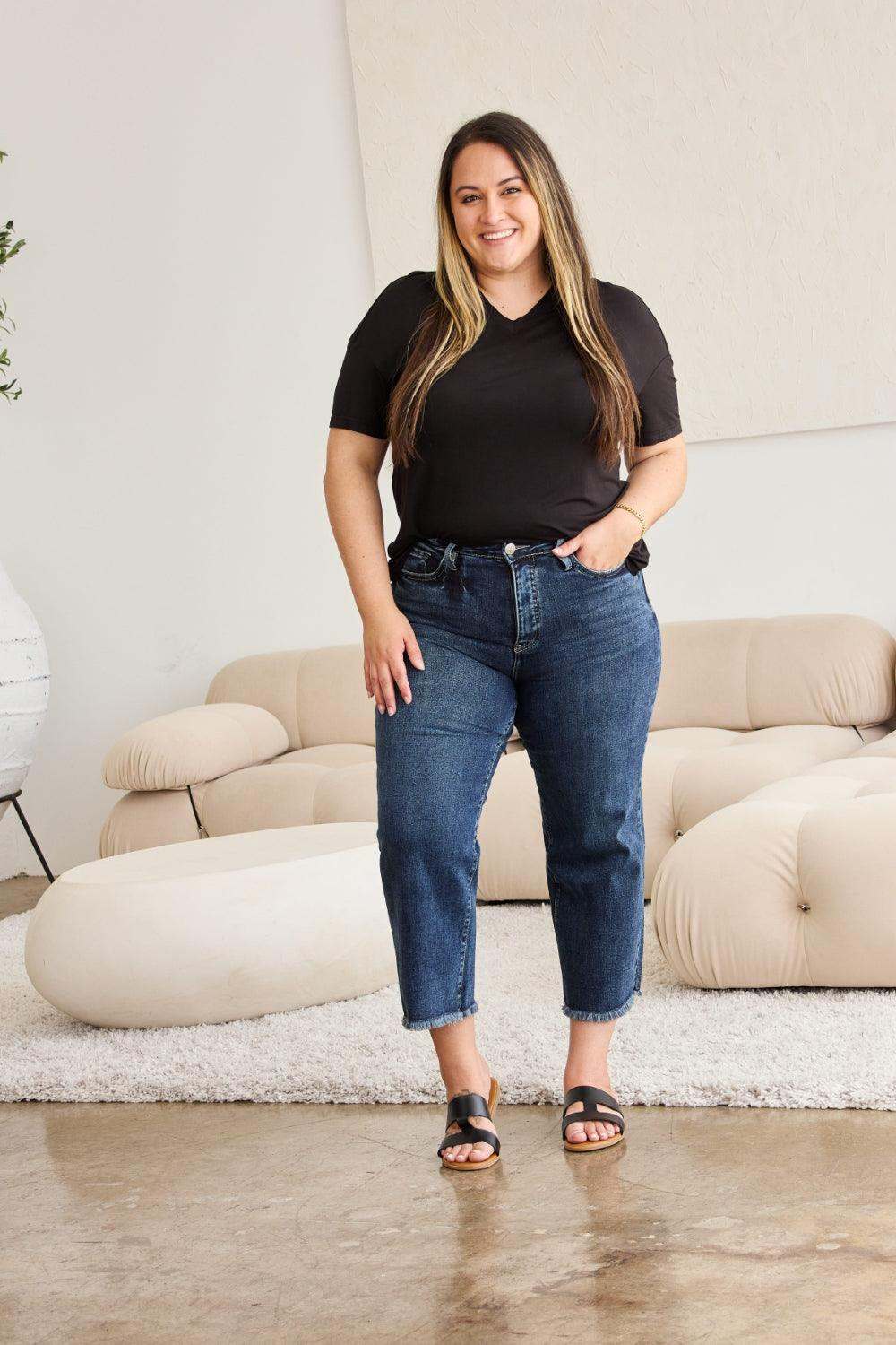 Plus Size Tummy Control High Waist Raw Hem Jeans Denim Pants Dark Potassium w destruct 2240de24-6cc4-408b-9212-411f7a43cb64-Max Trendsi