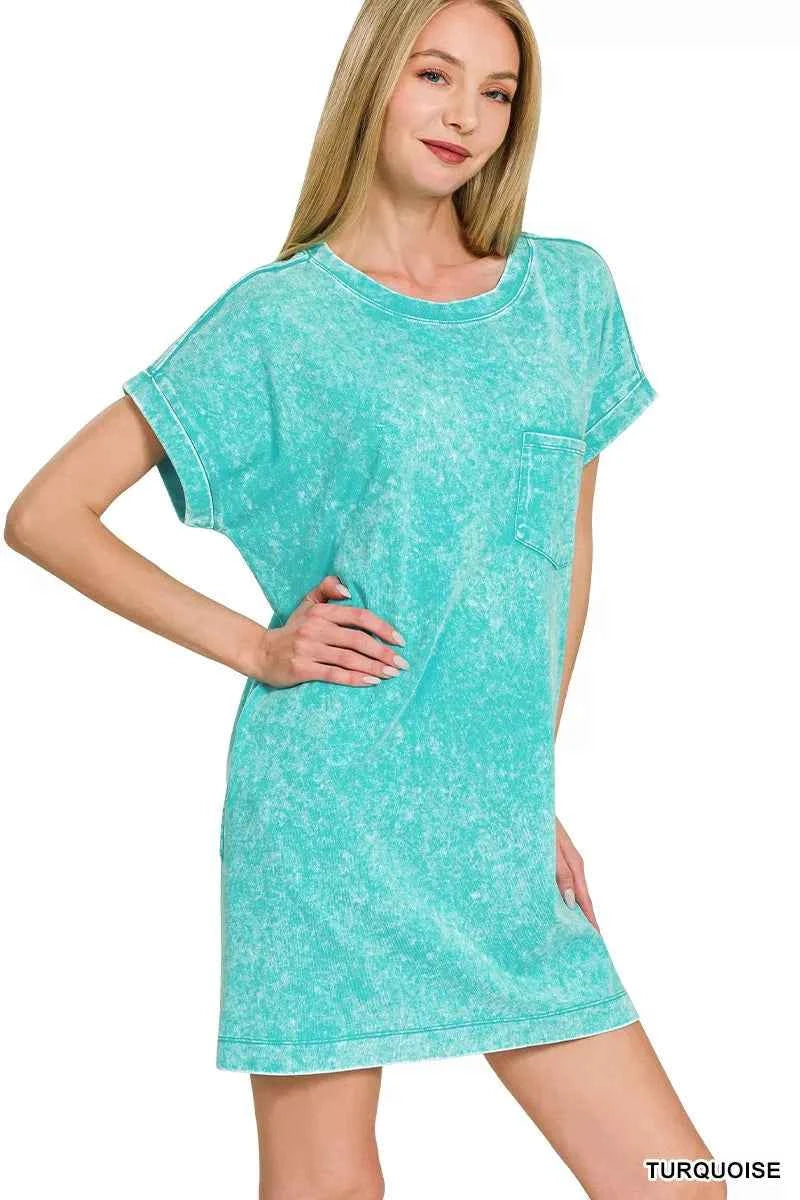 Zenana Premium T-Shirt Dress Turquoise Cotton Washed Short Sleeve 224289d174854bff9a6b3b925b8a9a12-Max-Origin Trendsi