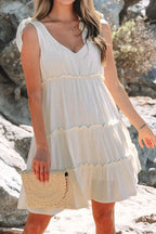 Mini Dress Beige Solid Color Bow Tied Straps Ruffle Tiered Frill 224b2669-88b3-4548-815b-7e96060053dd-Max-Origin Trendsi