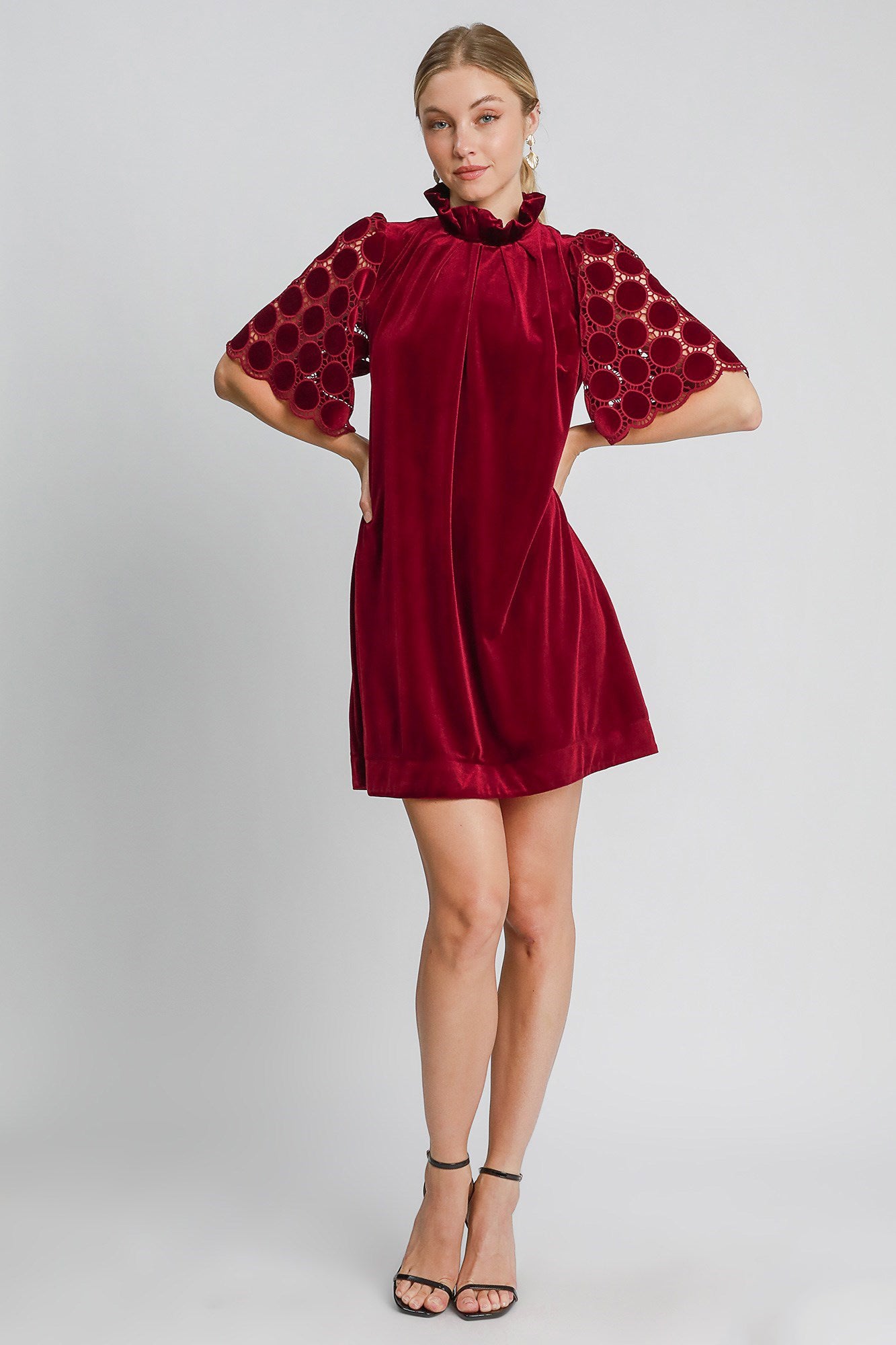 Umgee Velvet Mini Dress Burgundy Dotted Lace Half Sleeve Mock Neck Back Tie