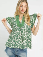 Umgee Womens Blouse Green Abstract Print Short Sleeve Top GREEN 225168eb-3fb6-472a-a9f6-d3a0f3603b90-Max-Origin Trendsi