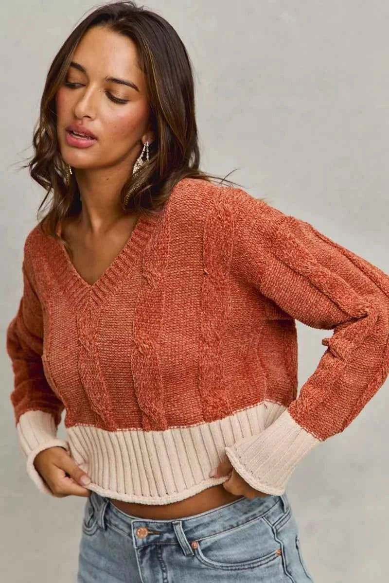 SO ME Cropped Sweater Rust Contrast Chenille Cable Knit V Neck Top 22528ce4c84443dcbc52cbd264db3230-Max-Origin Trendsi