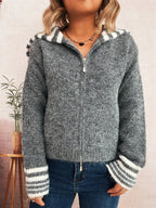 Women's Cardigan Striped Zip-Up Knit Long Sleeve Collared 225456b26e77409e9ba78a72decde6f5-Max-Origin Trendsi