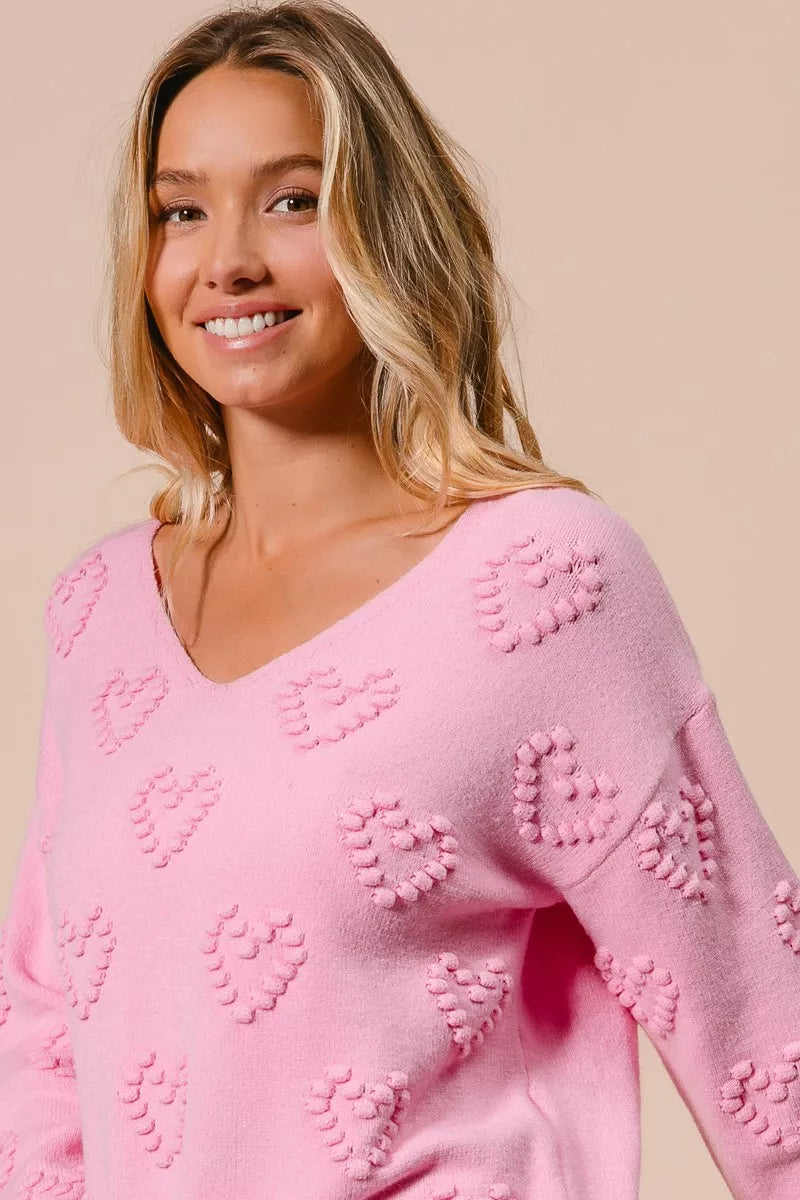 BiBi Women's Knit Top Pink Valentines Heart Pompom V Neck 225e50a517334e7ea9f62aba4048195f-Max-Origin Trendsi