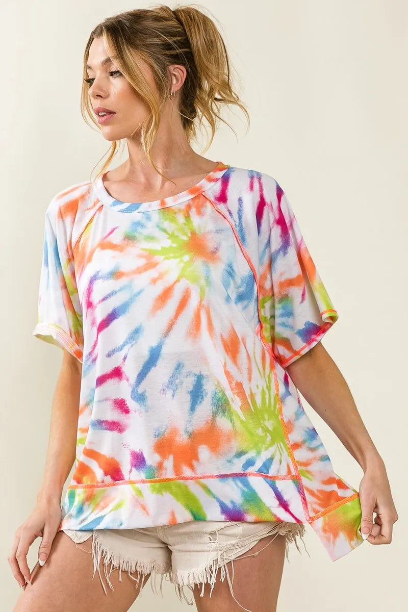BiBi T-shirt Cotton Tie Dye Print Jersey Stitched Uneven Hem Top OFF WHITE MULTI 226019b4bcfd4a9da2a1d77f76c77994-Max-Origin Trendsi