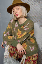 POL Womens Sweater Olive Floral Pattern Round Neck Balloon Sleeve 22614a7b-47d0-44c3-84ba-ed37025d0c1b-Max-Origin Trendsi