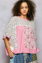 POL Floral Blouse Candy Pink Patchwork Lace Accent Short Sleeve Top 226acde8-1726-48a4-9063-8c91d6691321-Max-Origin Trendsi