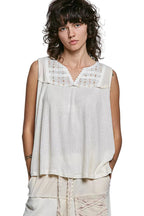 Polyester Spandex Lace Detail Floral Double Gauze Patch Sleeveless Top