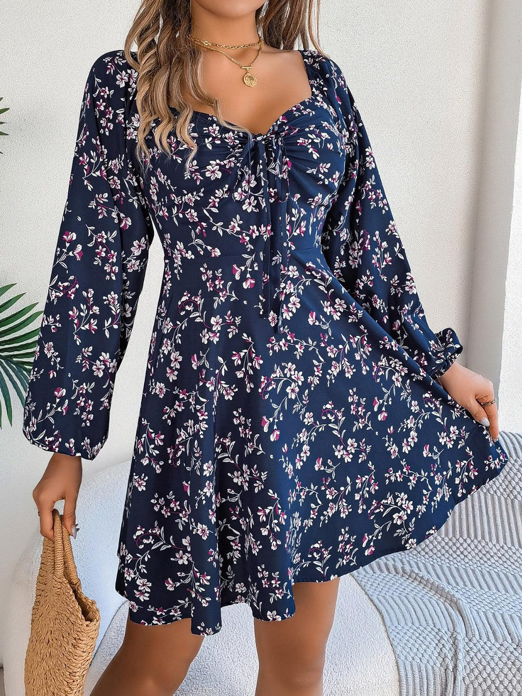 Mini Dress Floral Printed Sweetheart Neck Balloon Sleeve 2282fa0a-75b0-44ff-a8b1-3088ee32626c-Max Trendsi