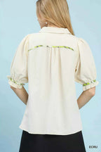 Umgee Women Blouse Ecru Scalloped Trim Top with Puff Short Sleeves 22918772-c8c1-48b9-a0e2-eb240f391407-Max-Origin Trendsi