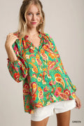 Umgee Satin Button-Up Shirt Green Paisley Ruffle Neck Long Sleeve Top Green 2294c39c-282b-43f6-a68d-554932adbdf3-Max-Origin Trendsi