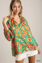 Umgee Satin Button-Up Shirt Green Paisley Ruffle Neck Long Sleeve Top Green 2294c39c-282b-43f6-a68d-554932adbdf3-Max-Origin Trendsi
