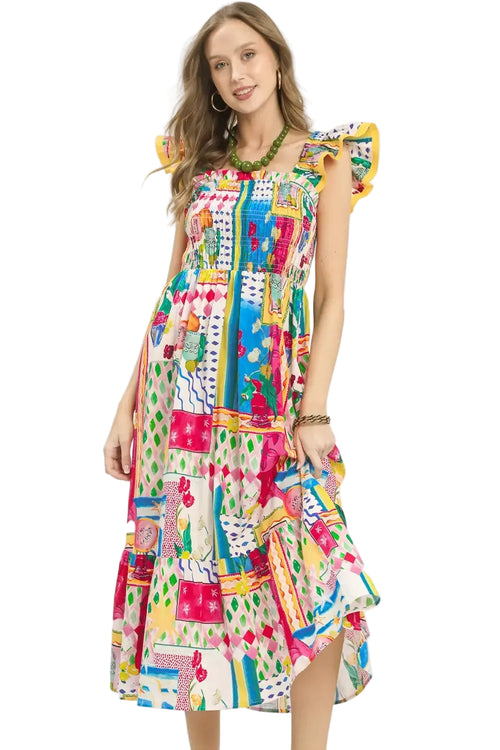 Umgee Abstract Print Smocked Tiered Midi Dress with Ruffle Flutter Sleeves