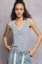 POL Tank Top Ruched Powder Blue Floral V-Neck with Lace Detail POWDER BLUE 22995f46-c8e4-4b91-9ed6-33332bc5af2a-Max-Origin Trendsi