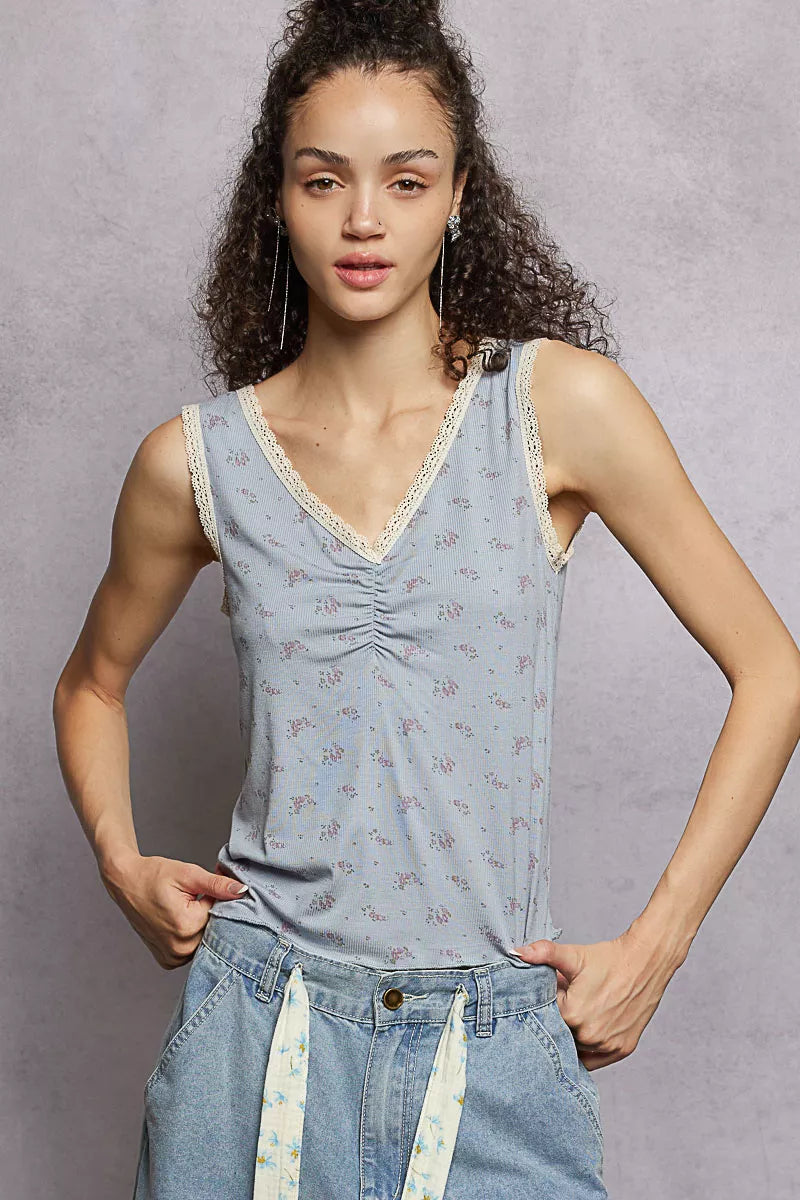 POL Tank Top Ruched Powder Blue Floral V-Neck with Lace Detail POWDER BLUE 22995f46-c8e4-4b91-9ed6-33332bc5af2a-Max-Origin Trendsi
