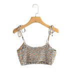 Women Floral Bohemian Outfits Strap Crop Tops Drawstring Mini Skirts Summer 2 Pcs