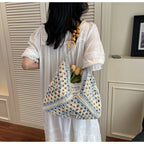 Women's Beach Crochet Shoulder Bag Medium Wave Knit Woven Blue Handbag