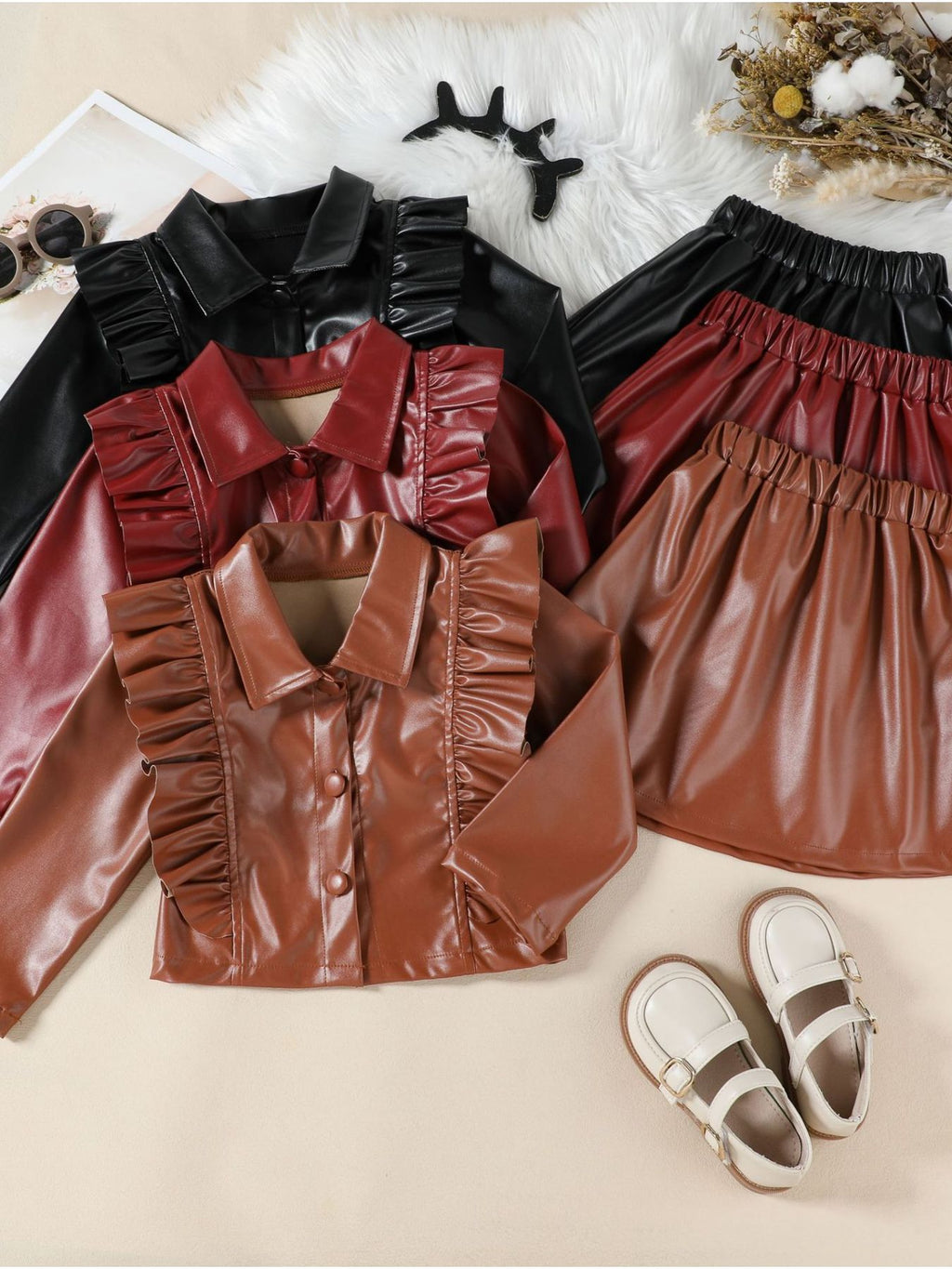 Children's Ruffled Faux Leather Top and Skirt Two-Piece Set
