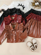 Children's Ruffled Faux Leather Top and Skirt Two-Piece Set