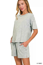 Zenana Activewear Set Halo Snow Washed Light Gray Short Sleeve Tee and Shorts 22a4aeceaef045a390d32204bcbbe0e0-Max-Origin Trendsi