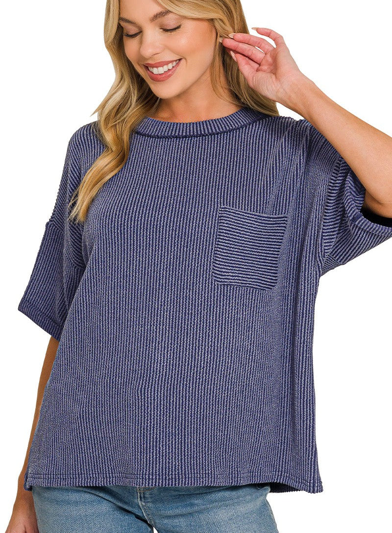 Zenana Raised Rib Short Sleeve T-Shirt with Front Chest Pocket