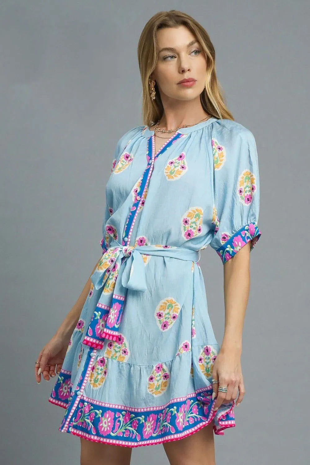 Umgee Shirt Dress Floral Print Pastel Blue Tie Waist Short Sleeve Buttoned 22bea919-f513-448c-ba3d-5a6979bf21f5-Max-Origin Trendsi
