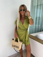 Women's Romper Surplice Bow Tie Waist Short Sleeve Collared Jumpsuit 22bef49d5ea445be9ba393cebfc35089-Max-Origin Trendsi