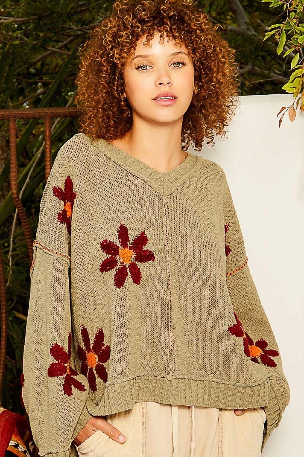 POL Sweater V-Neck Floral Pattern Chenille Long Sleeve Oversized Olive 22c0390a-e387-48ba-bfef-5b9b186b798b-Max Trendsi