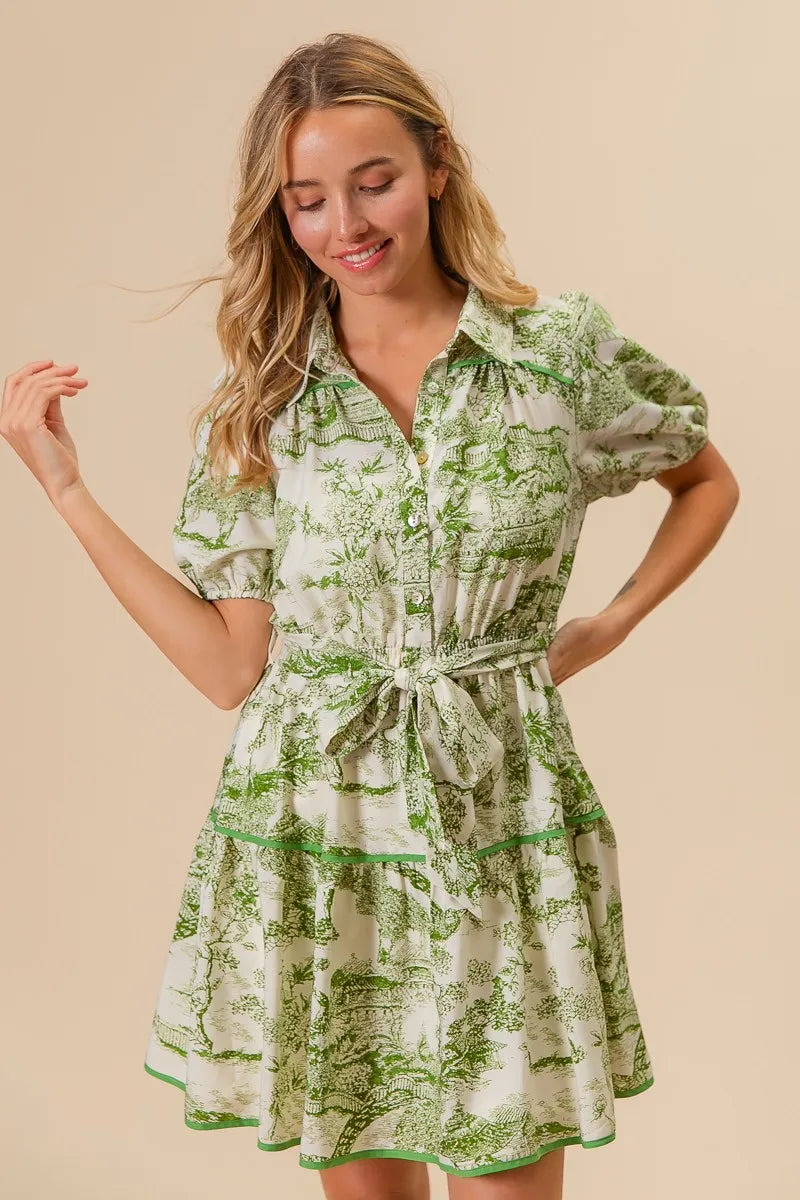 BiBi Mini Shirt Dress Floral Green Printed Tiered Belted Short Sleeve 22c6b24f16ee4076866c97ee1a3f2f55-Max-Origin Trendsi