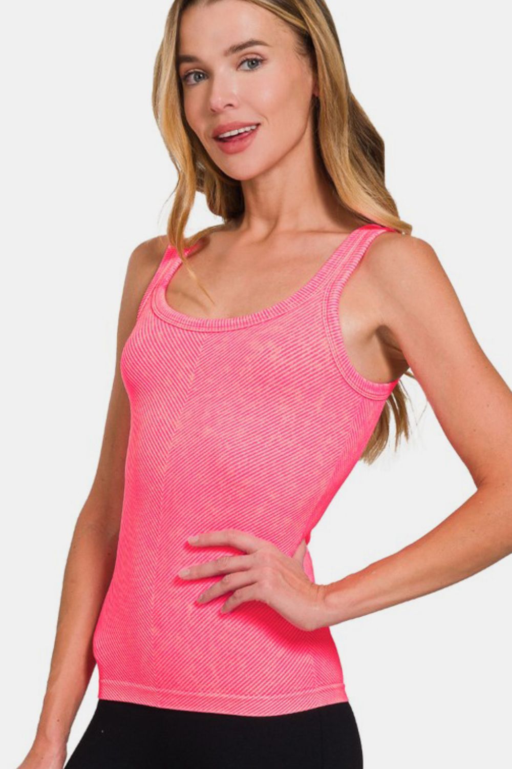 Zenana Tank Top Washed Ribbed Scoop Neck Wide Strap Coral Fuchsia