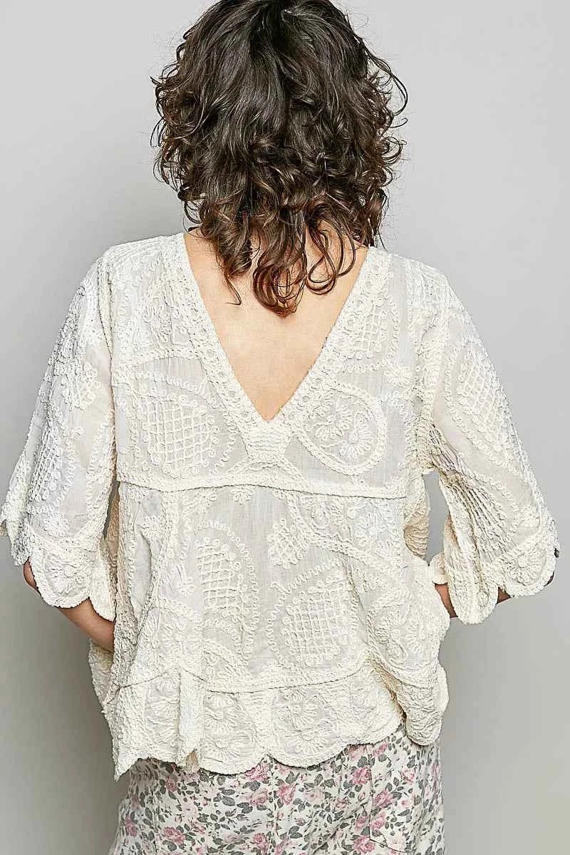 POL V-Neck Crochet Blouse with Scalloped Hem