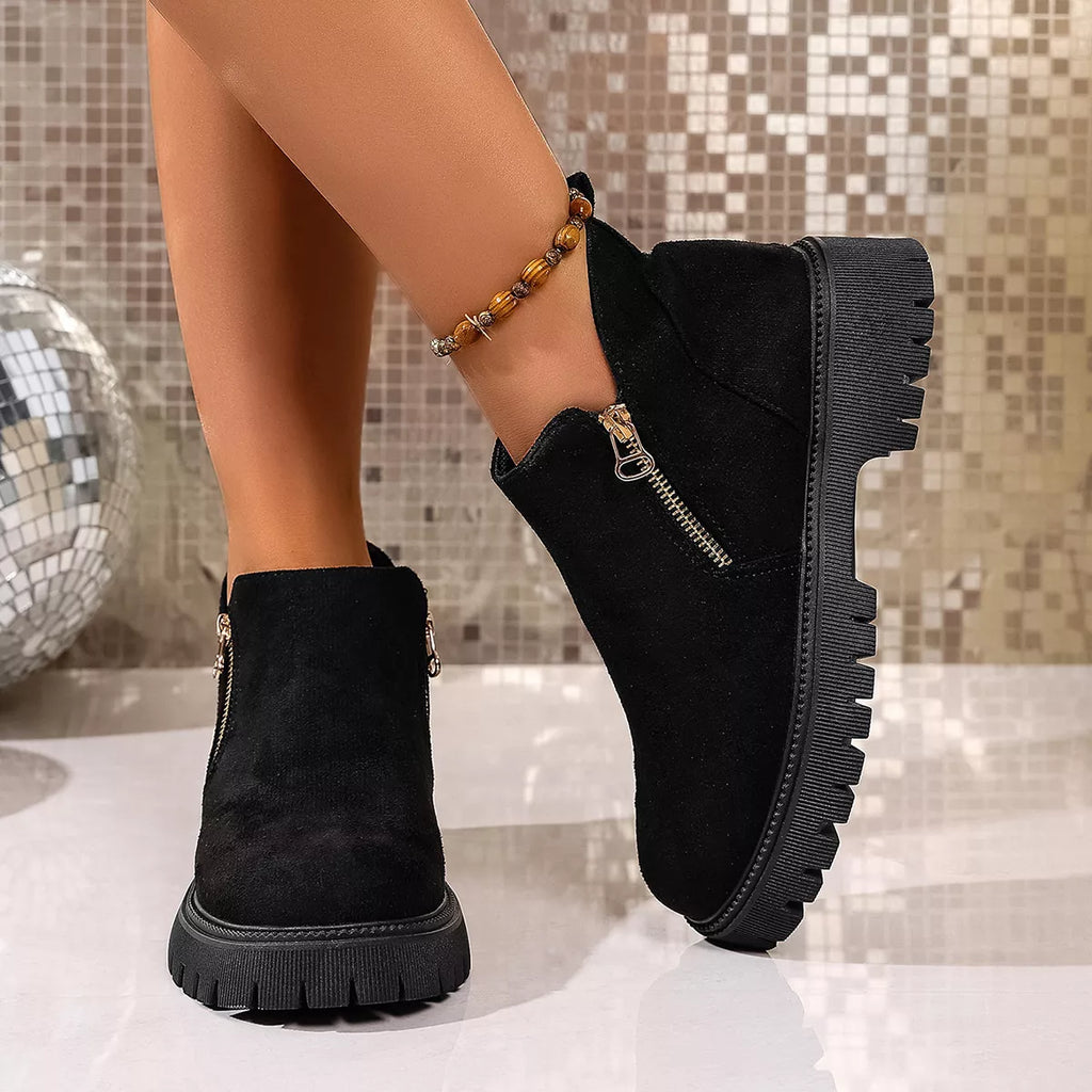 Women's Ankle Boots Faux Suede Round Toe Side Zip Mid Heels Shoes 22d304ae27d342b19ebee7dc9ebaa8a5-Max-Origin Trendsi
