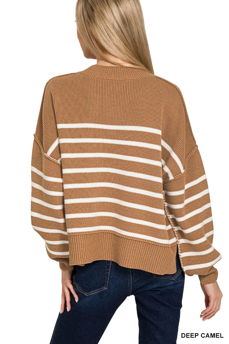 Zenana Oversized Sweater Striped Exposed Seam Camel Knit Ribbed Pullover 22dc9197de084a309f8fe7ec83bc4118-Max-Origin Trendsi
