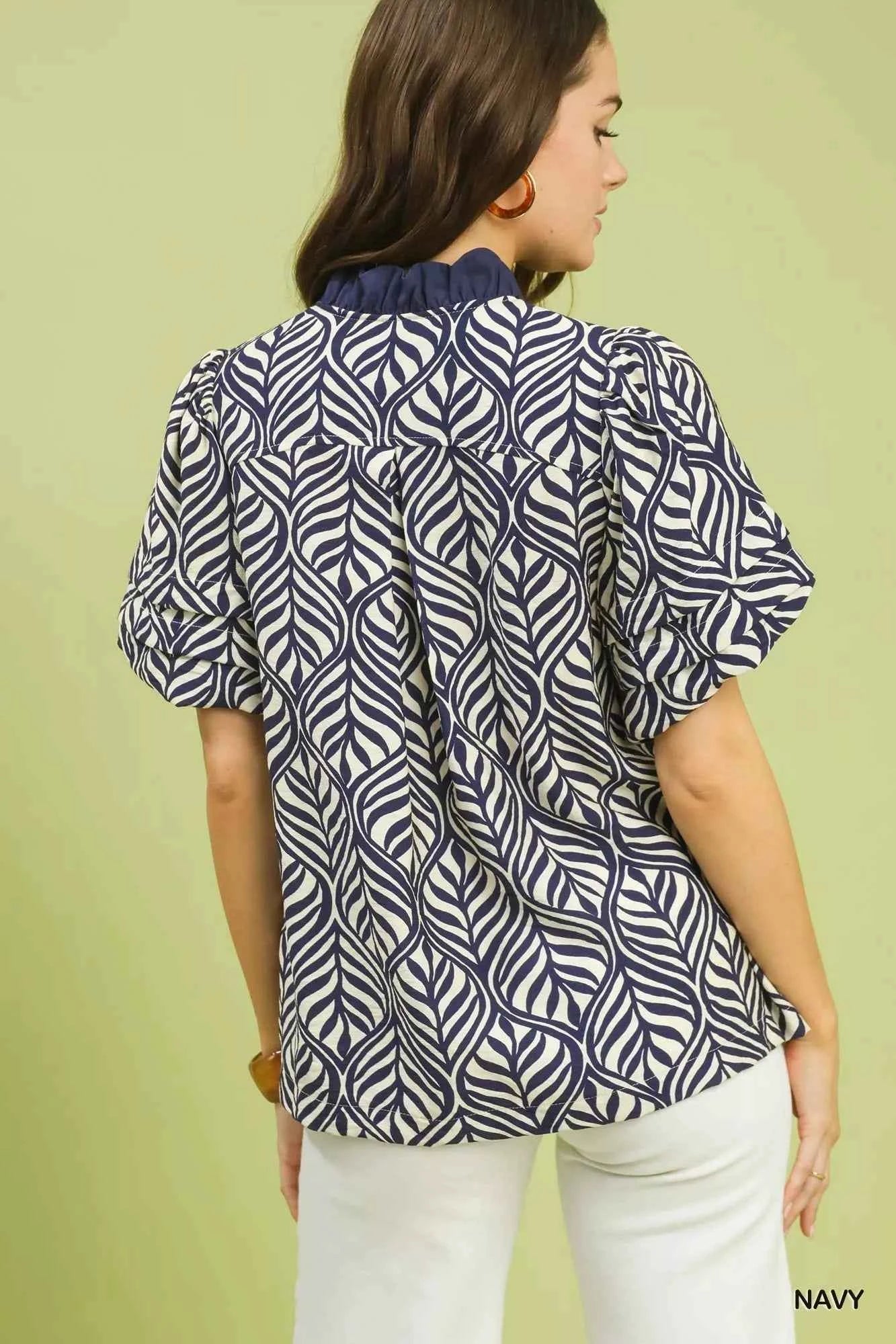 Umgee Printed Puff Sleeve Ruffle Neck Top
