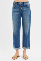 RISEN Women's Boyfriend Jeans Mid Rise Roll Up Cuff Dark Washed Denim 22eb6332a93c498693e177d1e1dd361a-Max-Origin Trendsi