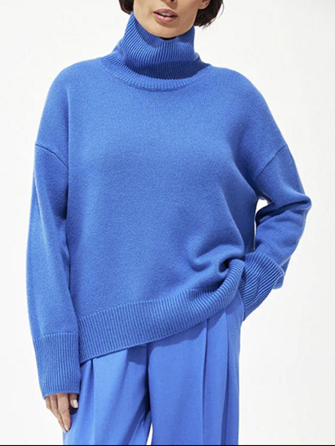 Turtleneck Women Sweater Basic Solid Oversized Long Sleeve Soft Knit Acrylic Royal Blue One Size