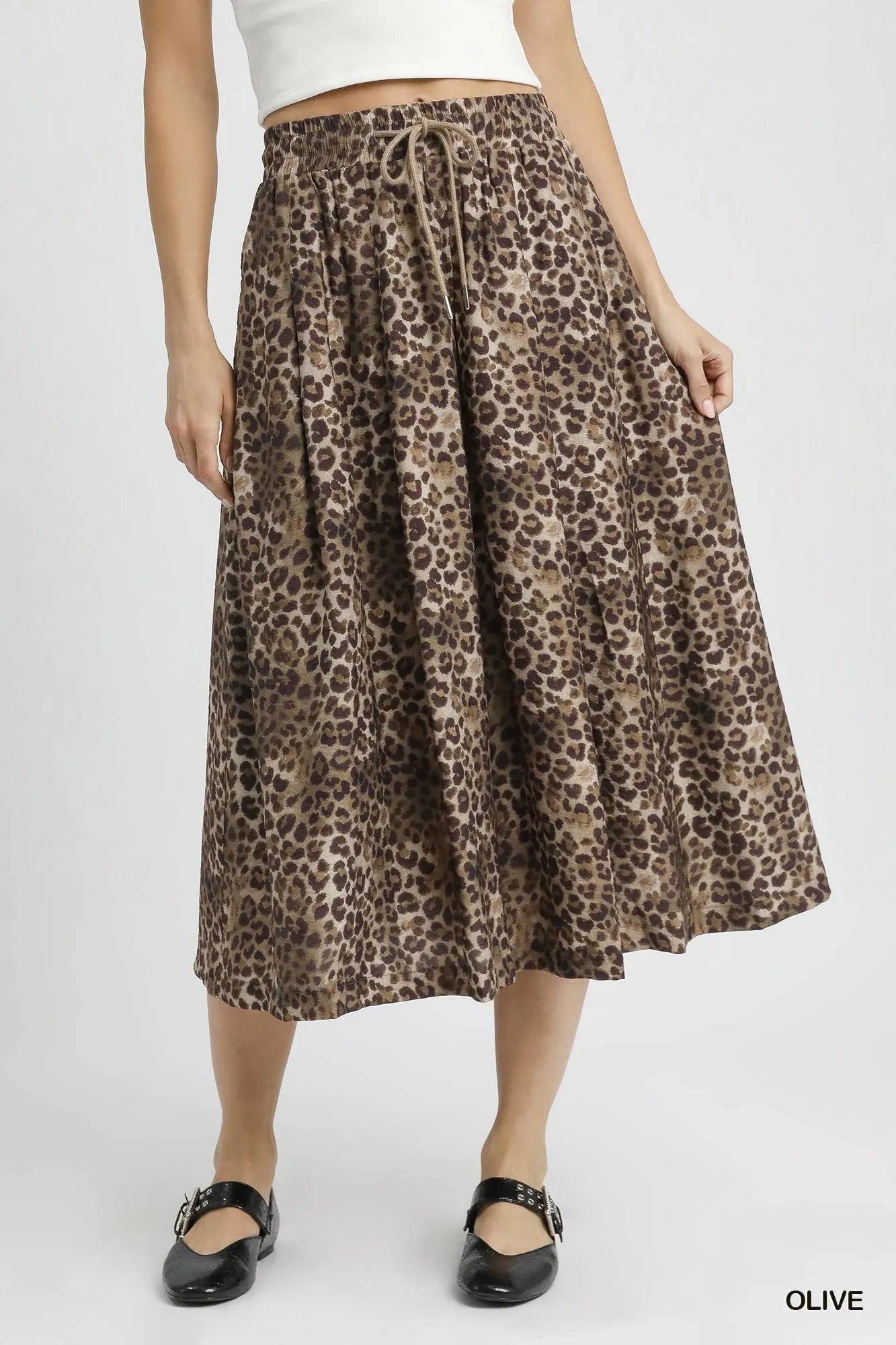 Umgee Midi Skirt Leopard Olive Print Drawstring High Waisted Ruffled OLIVE 22f9394c-476a-4f52-9a97-96601fecb67d-Max-Origin Trendsi