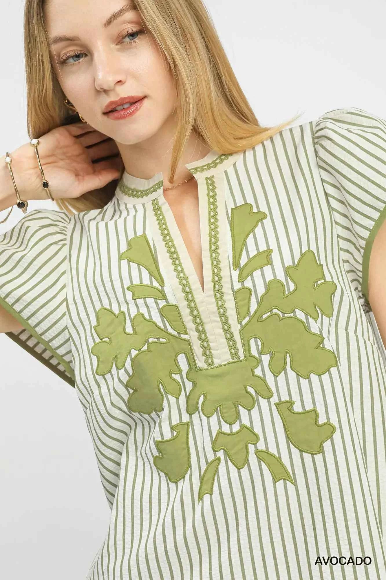 Umgee Blouse V-Neck Avocado Green Stripe Embroidered Top with Lace Trim 23040255-4f8d-43e2-acf2-6f6a41911606-Max-Origin Trendsi