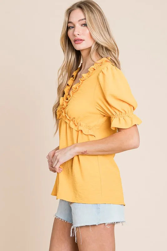 Lime 'N' Chili Babydoll Top Ruffled Deep V-Neck Puff Short Sleeve 23045afecbf54157a3ecfb39d1e99d28-Max-Origin Trendsi