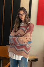 Women's Sweater Annie Wear Rose Multi Color Zig-Zag Round Neck Long Sleeve Rose Multicolor 2306b333-00d7-46b2-a6a5-b2cfcdd3c0c6-Max Trendsi