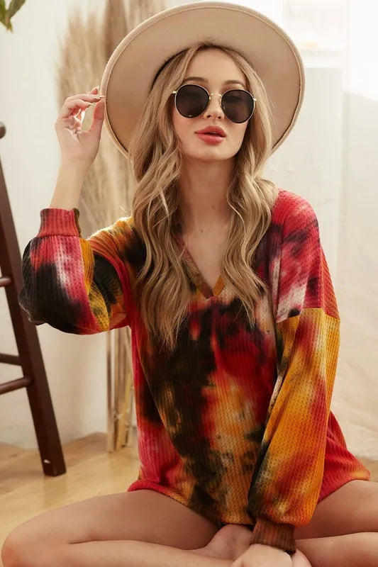 BiBi Tie Dye Womens Blouse Brushed Waffle Top With Bubble Long Sleeves 2308d39f4b8a4dc08dcd708735d8b427-Max-Origin Trendsi