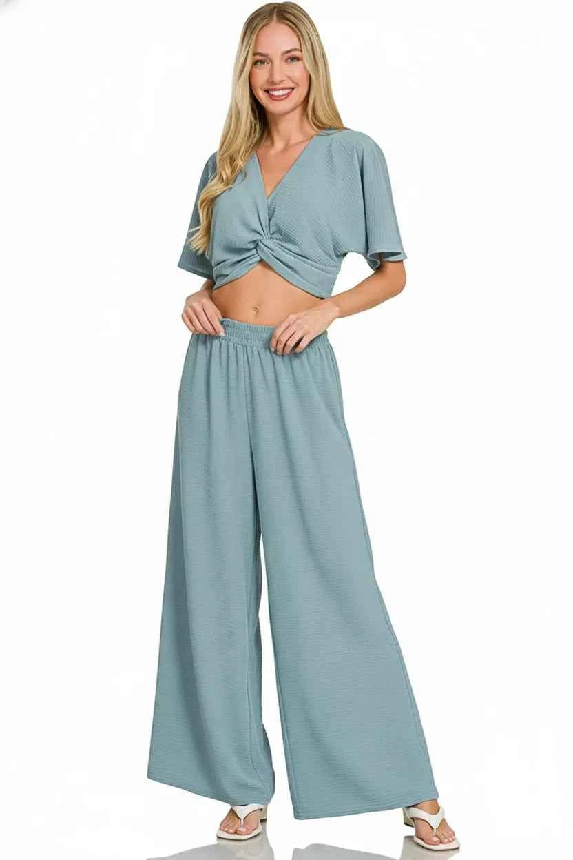 Zenana Woven Airflow Twisted Top & Wide Leg Pants Set