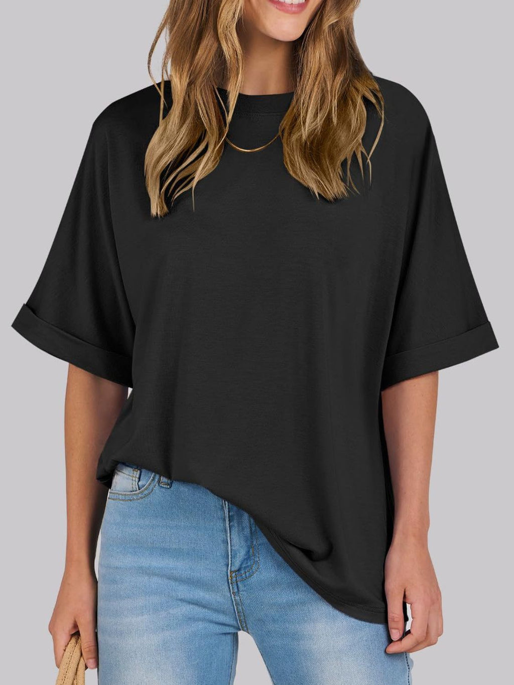 Women T-Shirt Round Neck Half Sleeve Oversized Cotton Blend Basic Style 2309a749-2f71-4d8a-9692-010868cb3936-Max Trendsi