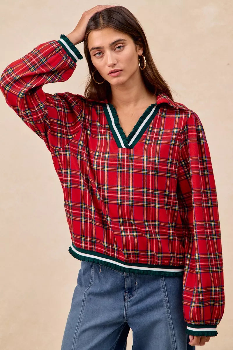 BiBi Christmas Womens Blouse Red Plaid Collared Top with Ruffled Detail 230e31297af44733ba073930e85bf924-Max-Origin Trendsi