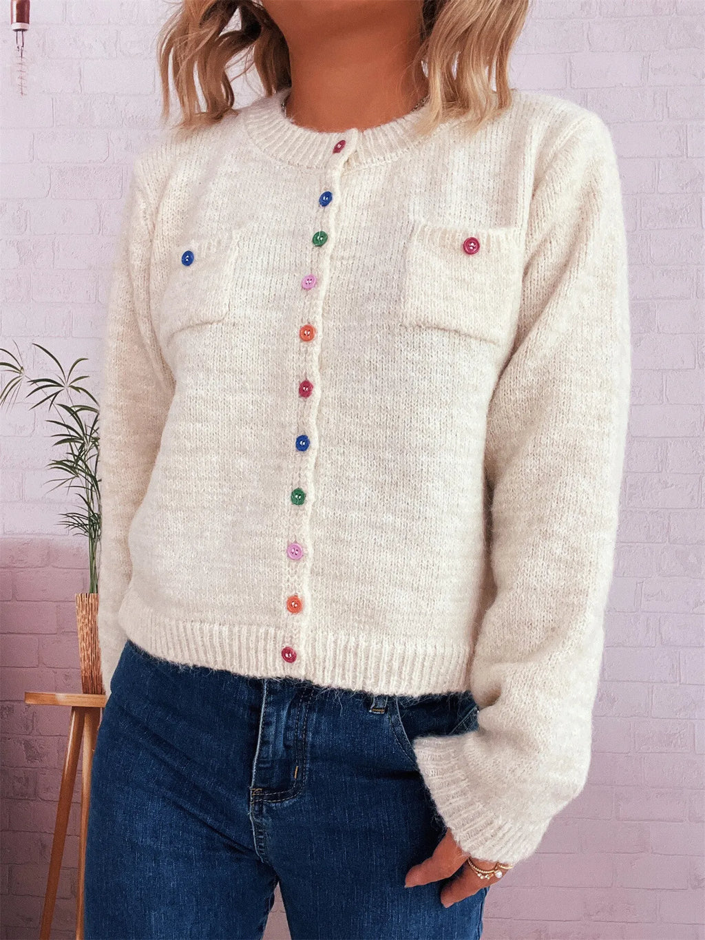 Women's Cardigan Colorful Button-Up Ribbed Hem with Chest Pocket 230e6f0b2e044deda938f7339b3ed4af-Max-Origin Trendsi