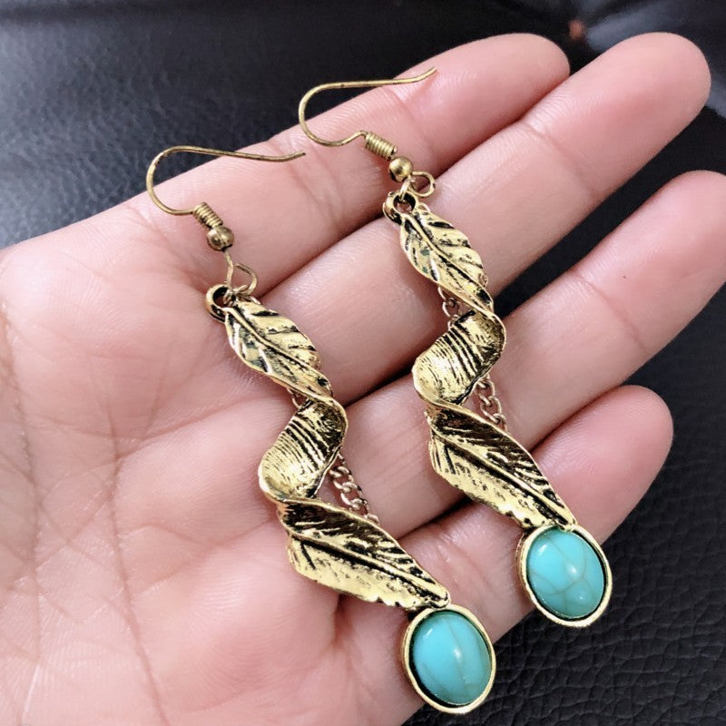 Alloy Leaf Pendant Earrings Artificial Turquoise 9K gold-plated Fashion Jewelry