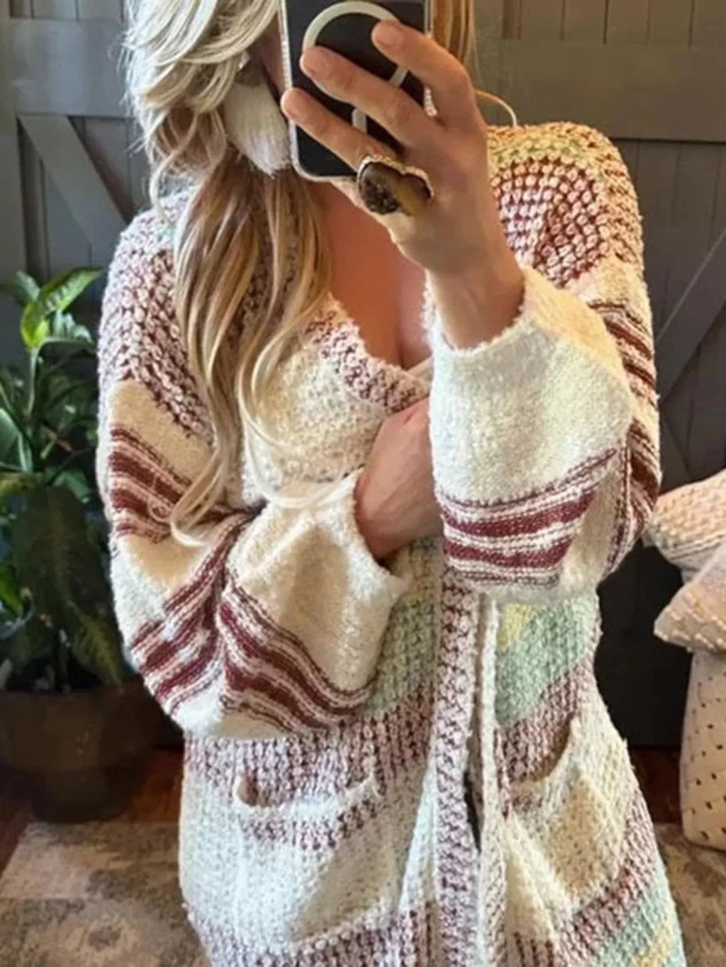 Women's Cardigan Beige Striped Open Front Longline Oversized Knit 23103b4e-dca5-47c6-aa1c-b4c5c78e950b-Max-Origin Trendsi