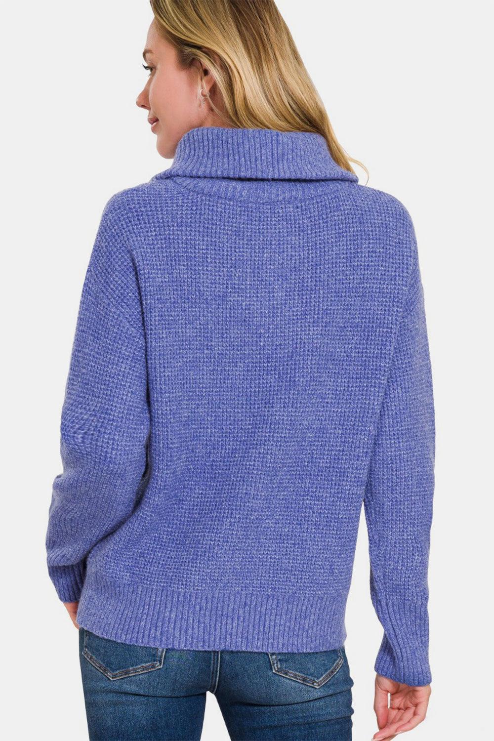 Zenana Sweater Women Marlin Blue Half Zip Long Sleeve Basic Pullover