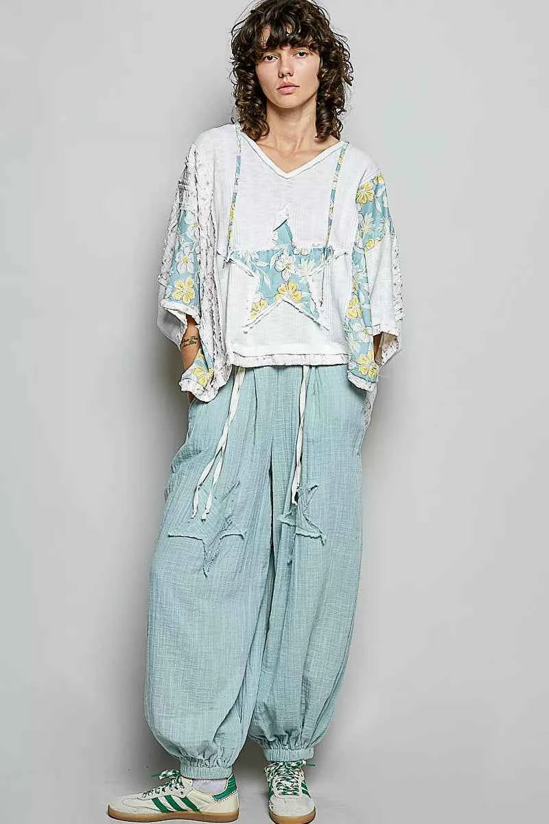 POL Floral Star Patch Hooded Blouse with Lace Contrast Detail